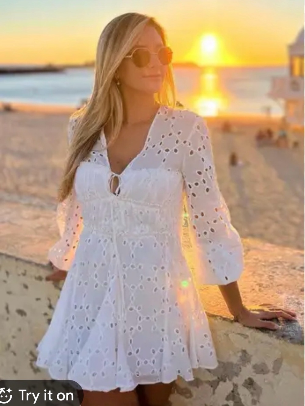 Women's ZARA White Eyelet Embroidered Long Sleeve Mini Dress Size Small S